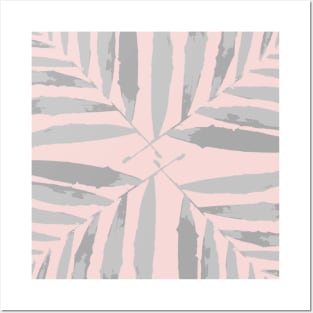 Geometric palm leaves grey silver on pink , leaves, tropical , fall,  TeePublic Posters and Art